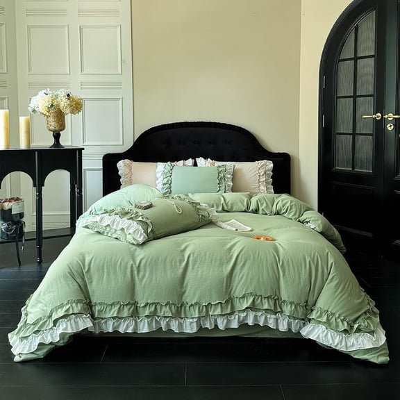 Pleated Ruffle Duvet Cover Shabby Chic Boho Bedding Soft Zipper Closure Green Queen 90" x 90"(No Comforter)