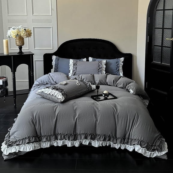 Pleated Ruffle Duvet Cover Shabby Chic Boho Bedding Soft Zipper Closure Grey Twin 68" x 90"(No Comforter)