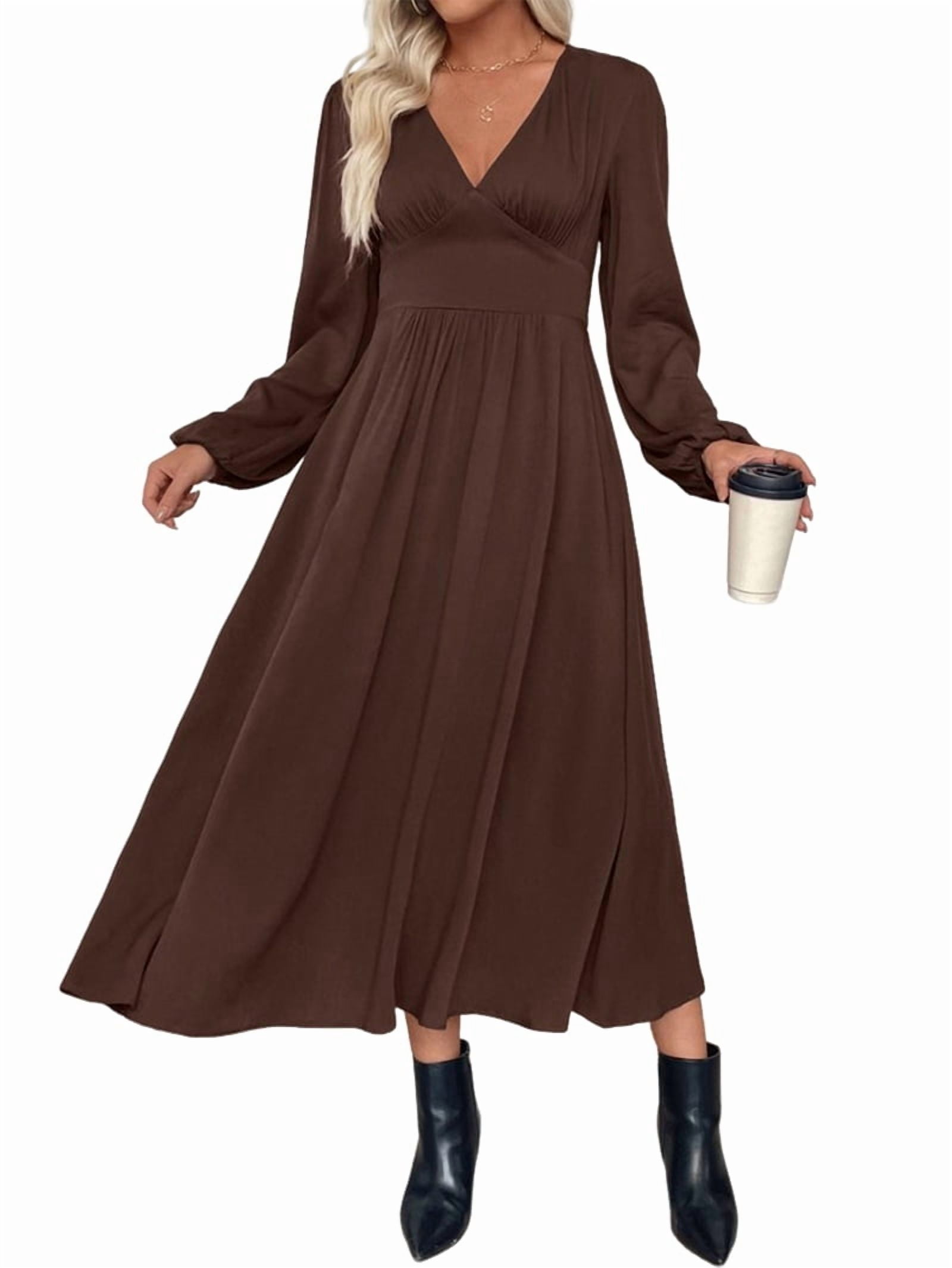brown bridesmaid dresses with sleeves Pleated Satin Dress V-Neck Long Sleeve Maxi for Women XL Long Sleeve Button Front warm metallic wedding dress Shades reminiscent of cocoa Size:M (38-39 sleeve length)