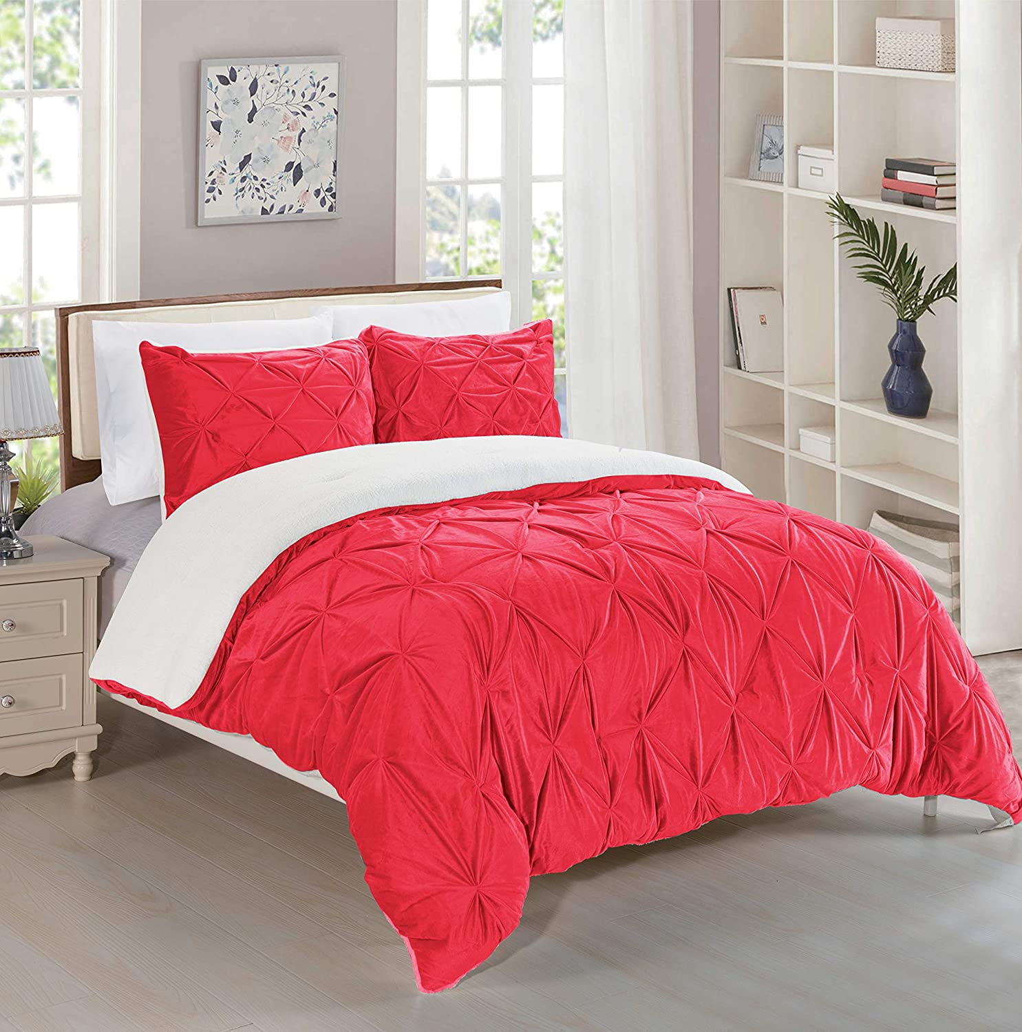 Pleated Sherpa Comforter Set 3 Piece Reversible Comforter Set Full Queen Red Walmart