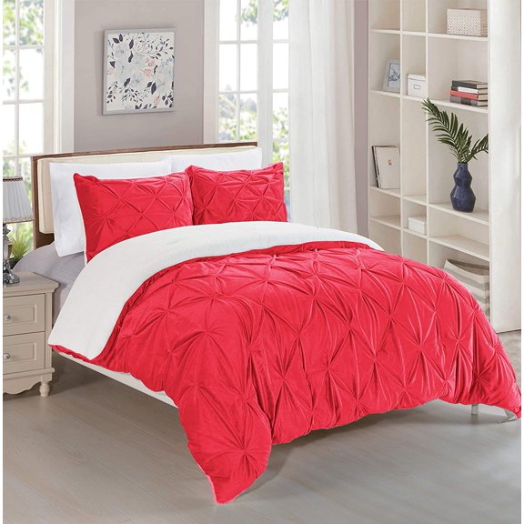 Pleated Sherpa Comforter Set 3-Piece Reversible Comforter Set King/Cal King Red