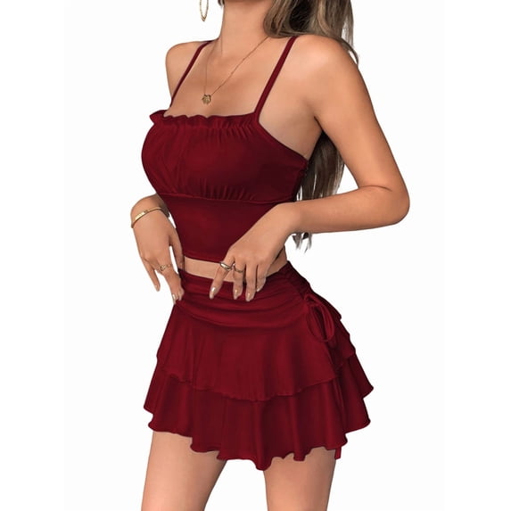 Pleated Short Skirts for Women Mini Ruffle Skirt Y2k Flowy High Waisted Skirt Stretchy Layered Skirt Wine Red L