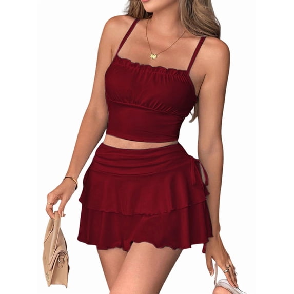 Pleated Short Skirts for Women Mini Ruffle Skirt Y2k Flowy High Waisted Skirt Stretchy Layered Skirt Wine Red M
