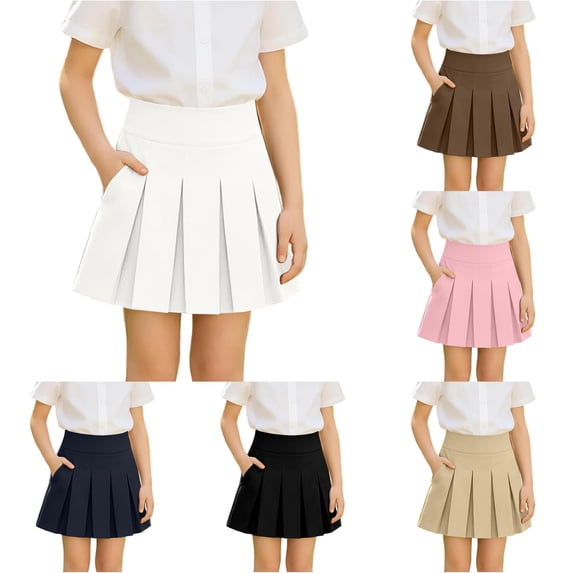 Pleated Skirt for Girls School Uniform Skirt Girls Pleated High Waist Stretch Casual Skirt with Pockets for Summer Wear Versatile School Outfit for Ages 5 to 14 White 7 Years