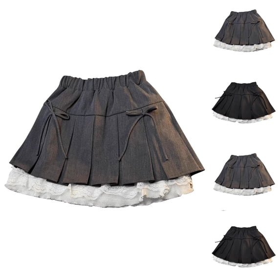 Pleated Skirt for Girl Elastic Waist School Uniform Skirt with Shorts Fashion College Bow Decor Casual Skorts,3-4 Years