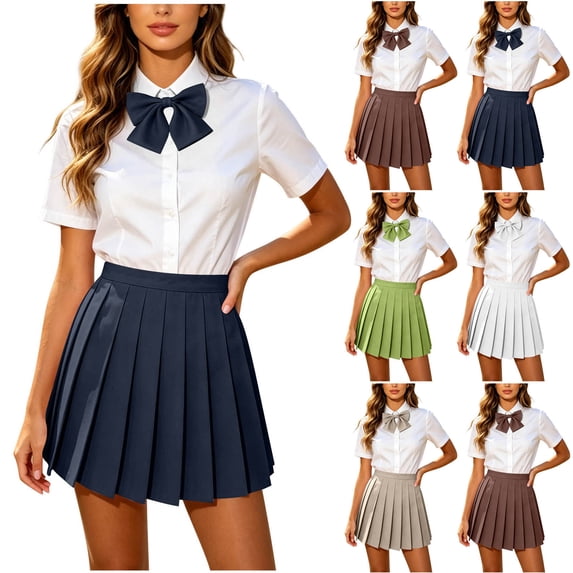 Pleated Skirt for Women Ihhxva High Waist Mini Elastic School Uniform A-Line Flared Fit Cotton Casual Office Daily Wear Spring XS-3XL