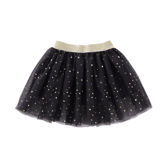 Pleated Skirts for Kids Stars Glitter Shiny Elastic Waist Tulle Tutu Girls Dress(120 3-4 Years,Black)