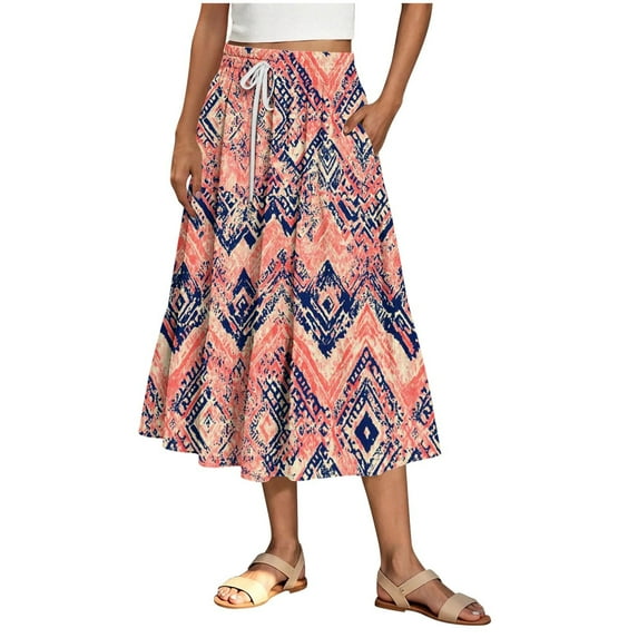 Llgiddwo Pleated Skirts for Women Casual Elastic Waist Midi Skirt with Pocket Summer Beach Vacation Clothes for Women
