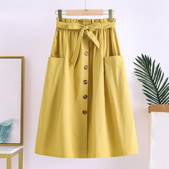 Pleated Skirts for Women Casual High Waist A Line Skirt with Pocket Summer Loose Womens Midi Skirt Yellow A