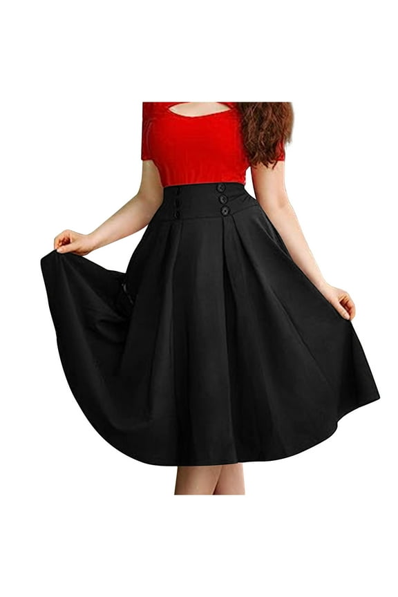 Pleated Skirts for Women Mid Length Solid Color Elegant a Line Button Trim Elastic Waisted Skirt with Pockets (Black,2XL)