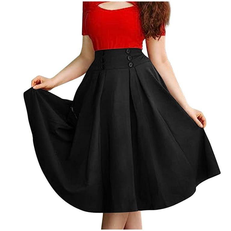 Pleated Skirts for Women Mid Length Solid Color Elegant a Line Button Trim Elastic Waisted Skirt with Pockets Black M