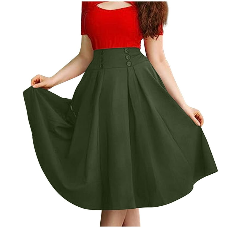 Pleated Skirts for Women Mid Length Solid Color Elegant a Line Button Trim Elastic Waisted Skirt with Pockets Green XXXL Walmart
