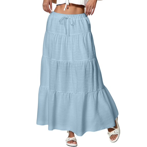 Pleated Skirts for Women Trendy Ruffle High Waisted Maxi Skirt Tiered Layered Smock Drawstring A Line Flowy Skirt Light Blue L
