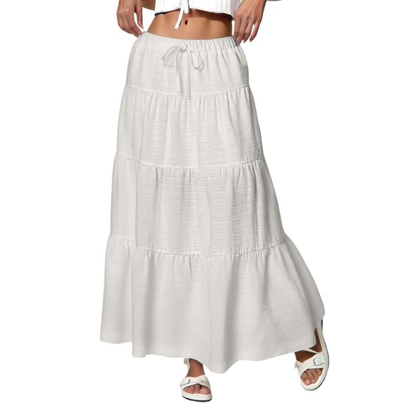 Pleated Skirts for Women Trendy Ruffle High Waisted Maxi Skirt Tiered Layered Smock Drawstring A Line Flowy Skirt White XL