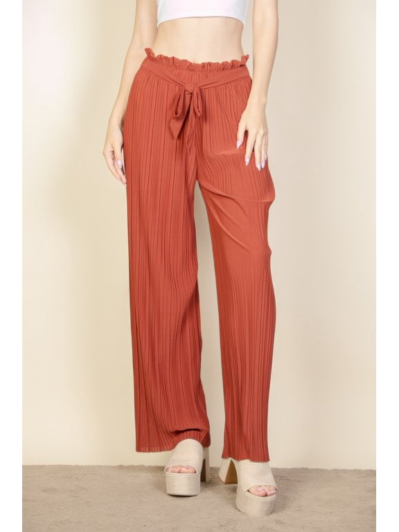 Pleated Stretch Crepe Pull-on Wide Leg Tie Front Pants