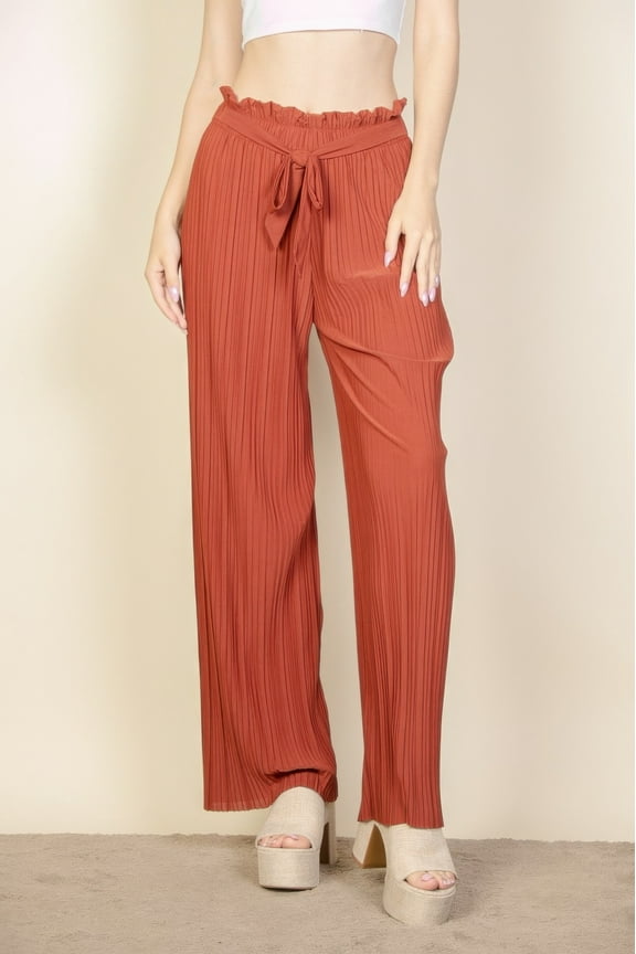 Pleated Stretch Crepe Pull-on Wide Leg Tie Front Pants
