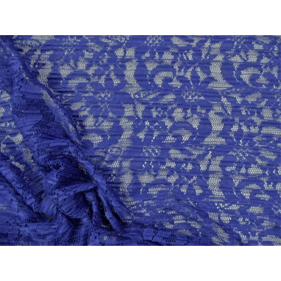 Pleated Stretch Lace Apparel Fabric Sheer Floral Royal Blue TT304