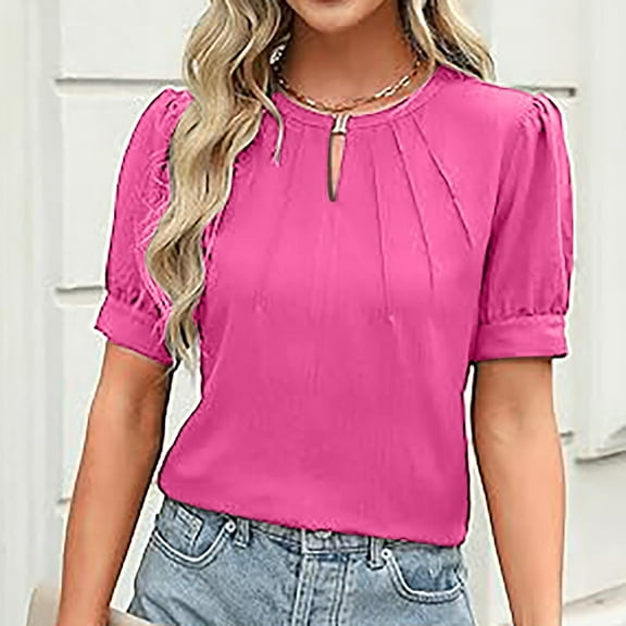 Pleated Summer Blouse for Women Cozy Breathable Dress Shirts Puff Sleeve Casual Tops New Arrivals- Hot Pink