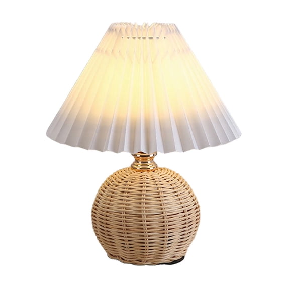 Pleated Table Lamp, Modern Simple Rattan Metal Base Bedside Lamp with Lampshade Desk Light for Bedroom Decor