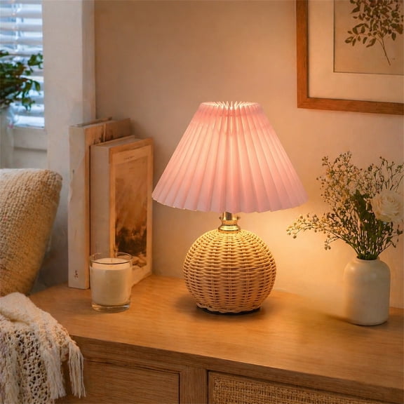 Pleated Table Lamp, Rattan Ball Woven Bedside Lamp, Umbrella Shaped LED Night Light, Ambient Lighting for Bedroom, Living Room Decor, Energy Efficient, Stylish Home Accent, Gift Idea Pink