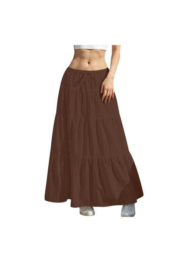 Pleated Tennis Skirt New Boho Skirts for Women Summer Elastic High Waisted A-Line Long Skirt Flowy Tiered Ruffle Casual Midi Skirts Brown L