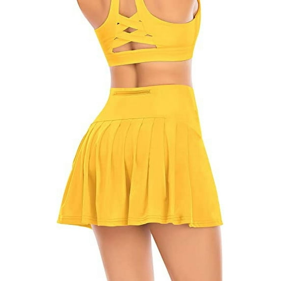 Pleated Tennis Skirts for Women with Pockets Shorts Athletic Golf Skorts Activewear Running Workout Sports Skirt (Yellow,Large)