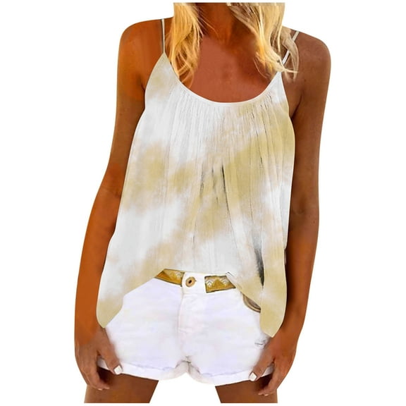 Pleated Tie-Dye Tank Tops Women Spaghetti Strap Camis Crew Neck Tanks Loose Comfort Shirts Summer Basic Tank Top Dressy Casual Vest Singlets