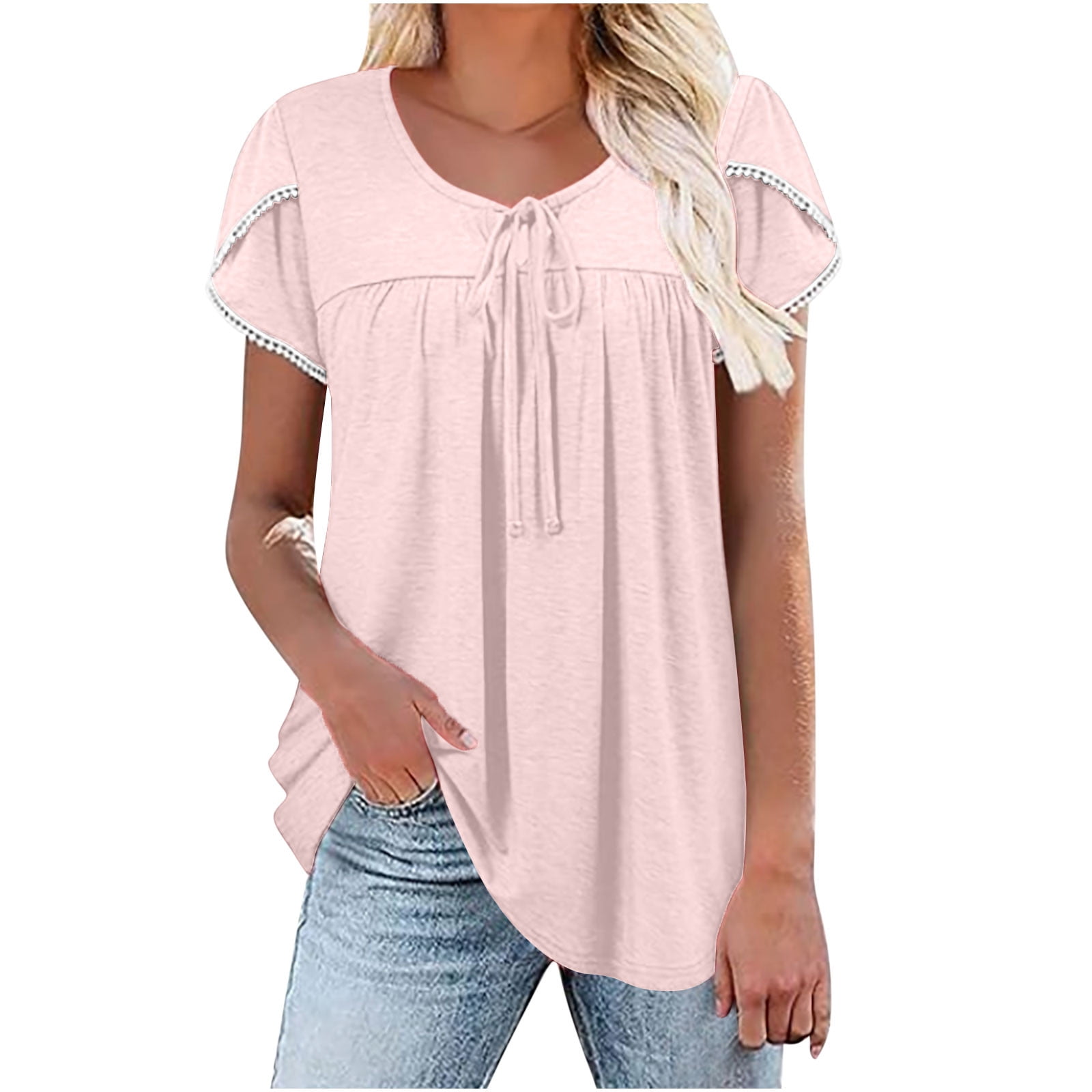 Pleated Tunic Tops for Women Dressy Tassel Trim Petal Short Sleeve