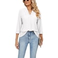 thumbnail image 1 of Pleated V-Neck 3/4 Sleeve Shirt for Women - Turn Down Collar, Pure Color Basic Tee Ideal for Party, Office, or Travel - White, Medium, 1 of 6
