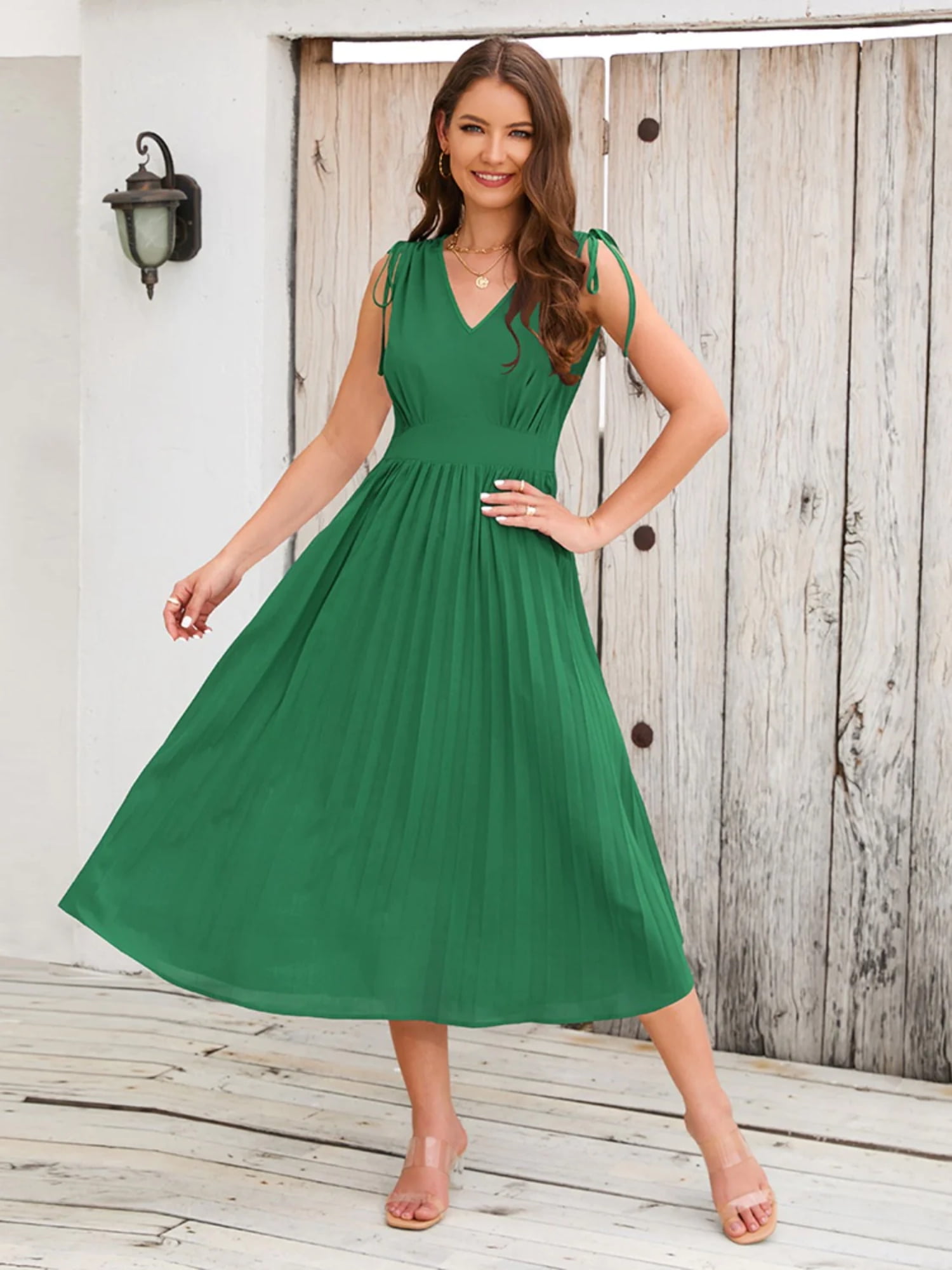 V-neck Pleated Midi Dress