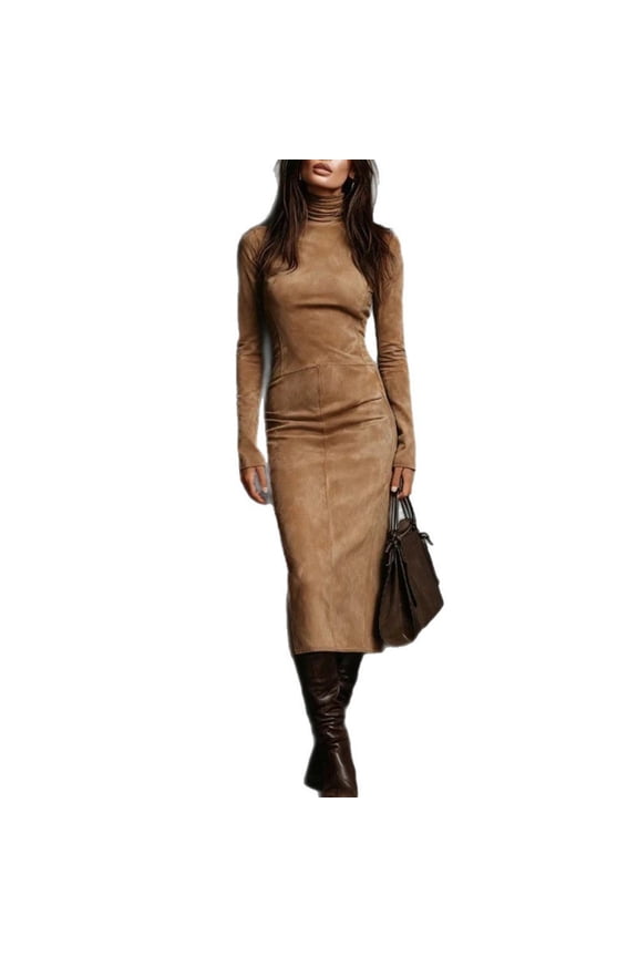 Pleated Velvet Maxi Dress, Long Sleeve High Neck Bodycon Gown with Ruffle Hem, Dramatic Evening Dress for Galas, New Year's Eve, and Formal Balls Khaki L