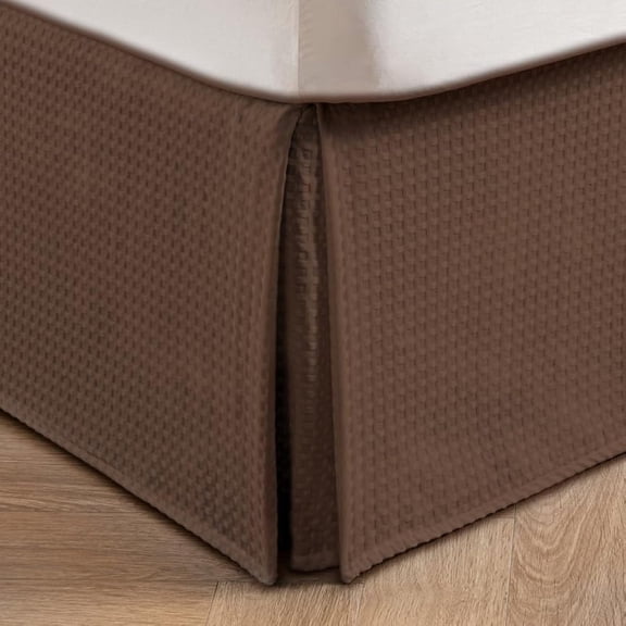 Pleated Waffle Weave Bed Skirt Tailored Dust Ruffle 18 Inch Drop Easy Fit Machine Washable Brown Queen Bedding Accessories