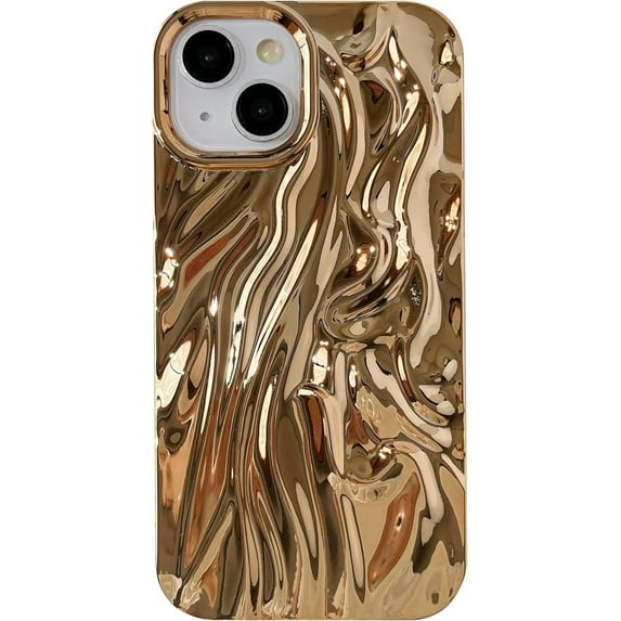 Pleated Water Ripple Chrome Plating Electroplated Wave Pattern Soft Compatible with iPhone Case (Gold,iPhone 15)