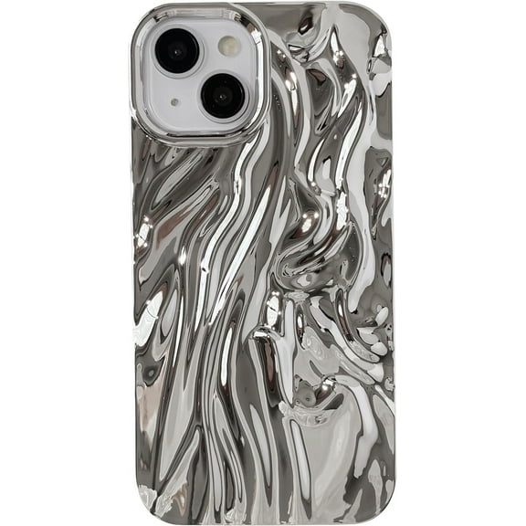 Pleated Water Ripple Chrome Plating Electroplated Wave Pattern Soft Compatible with iPhone Case (Silver,iPhone 15 Pro)