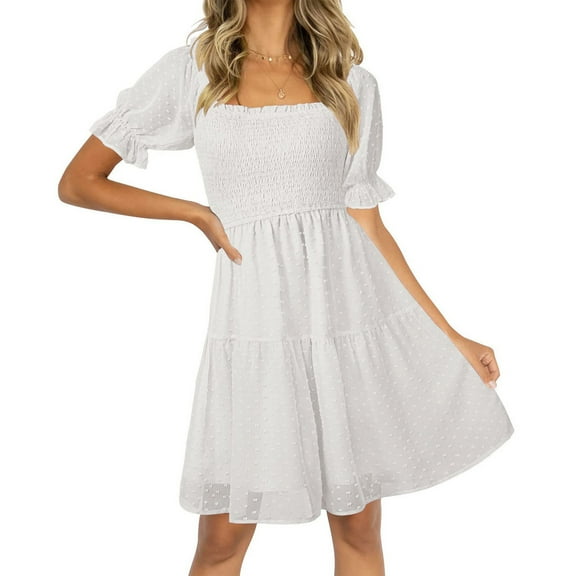 Pleated Womens Chiffon Dresses Casual Holiday Short Sleeve Square Collar Woman Dress