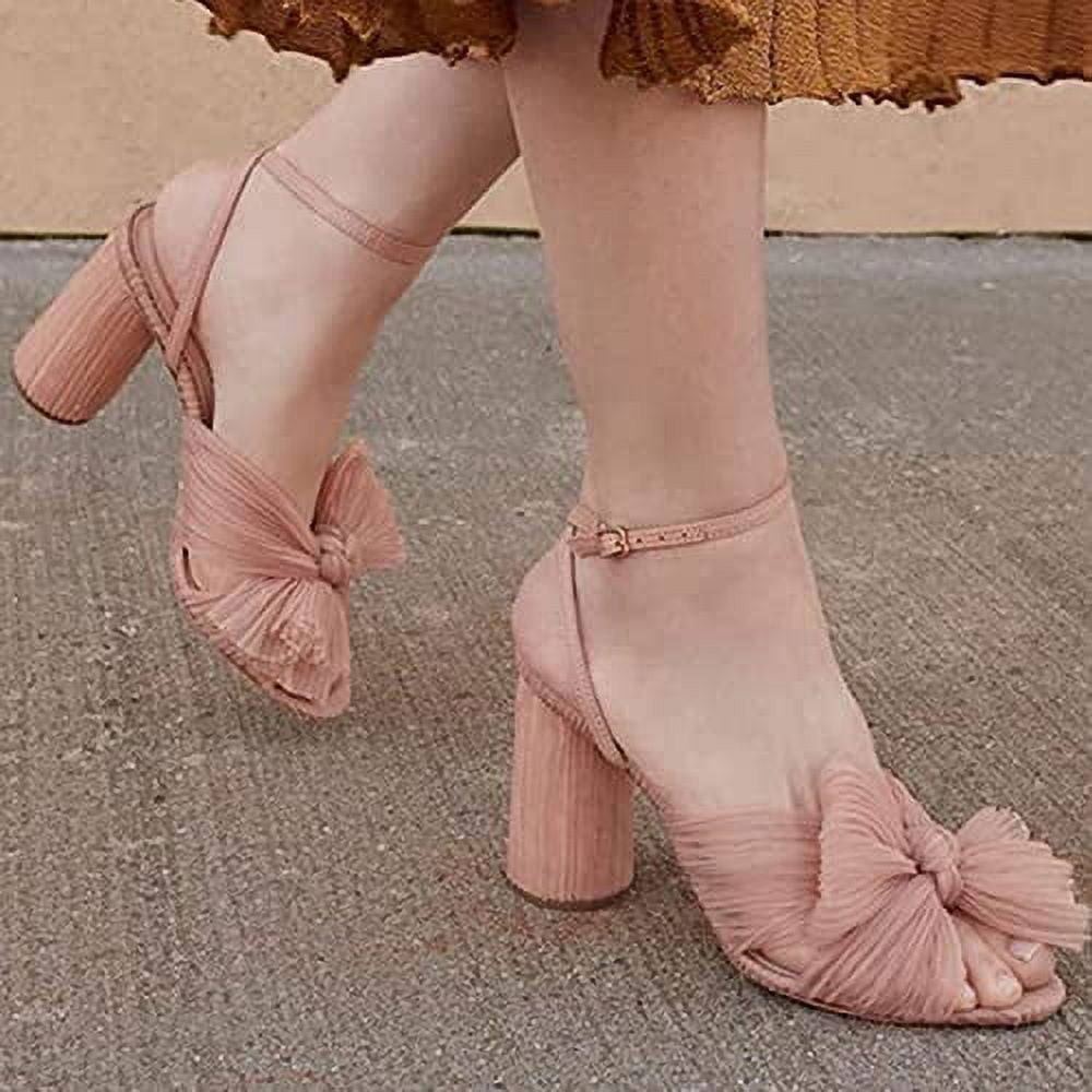 Pleated bow ankles with thick heels Women Elegant Heel Shoes T Ankle Strap Closed Toe Dress