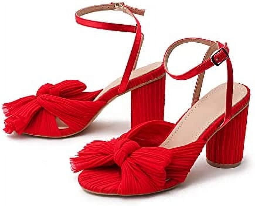 Pleated Bow Ankles With Thick Heels Womens Chunky High Heel Sandals