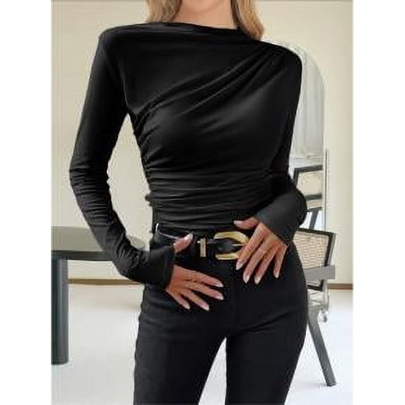 Pleated slim long-sleeved top bodysuits