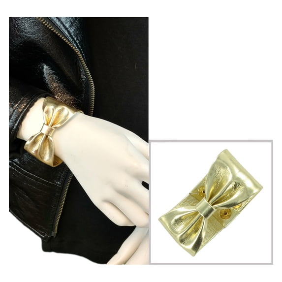 Pleather Gold Tone Bow Metallic Cuff Statement Bracelet Ladies Adult Female Women