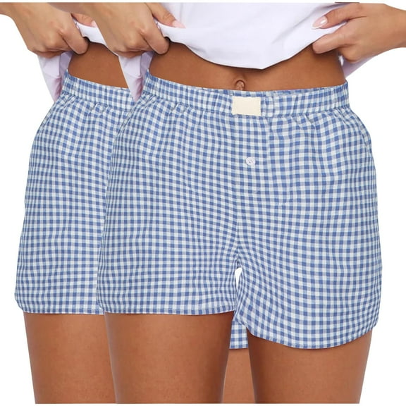 Plebaso 2 Pack Womens Plaid Shorts Summer Boxer Shorts Elastic Waist Loose Lounge Shorts for Women