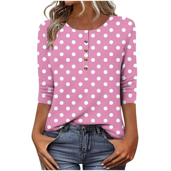 Plebaso 3/4 Length Sleeve Top for Women Polka Dot Printed Dressy Casual Blouse Button Front Loose Tunic Shirts
