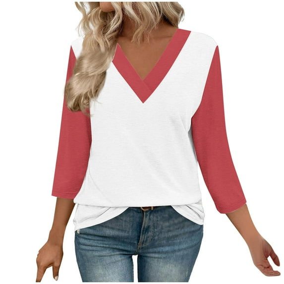 Plebaso 3/4 Length Sleeve Tops for Women Summer V Neck Color Block Casual Dressy Blouses Fall Tunic Shirts