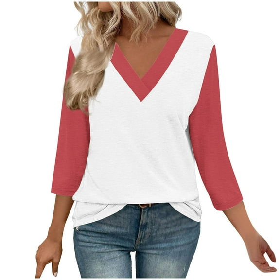Plebaso 3/4 Length Sleeve Tops for Women Summer V Neck Color Block Casual Dressy Blouses Fall Tunic Shirts
