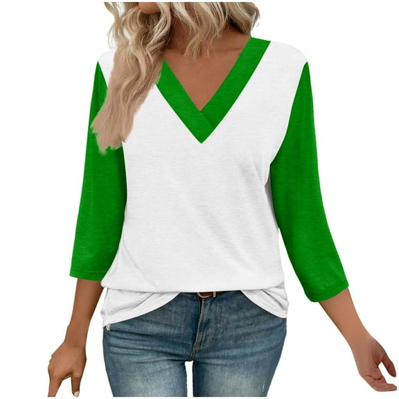 Plebaso 3/4 Length Sleeve Tops for Women Summer V Neck Color Block Casual Dressy Blouses Fall Tunic Shirts