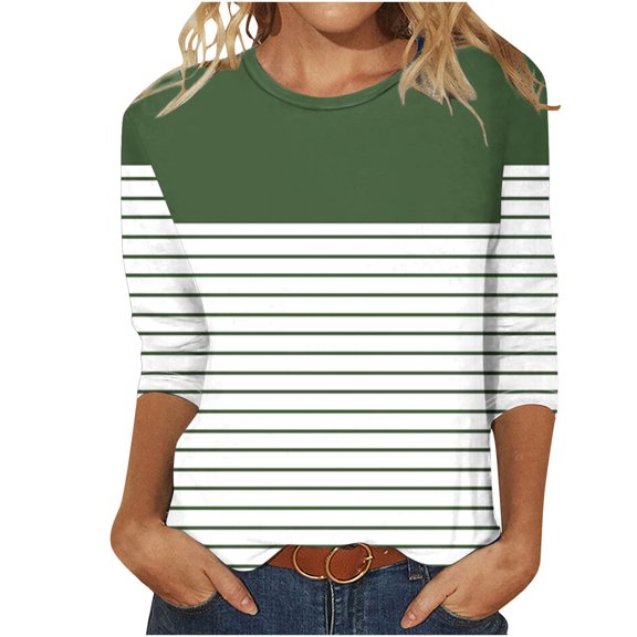 Plebaso 3/4 Length Sleeve Womens Tops Casual Crew Neck Color Block Stripe Graphic T Shirt for Women