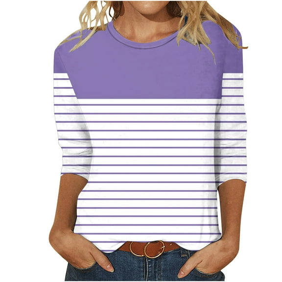 Plebaso 3/4 Length Sleeve Womens Tops Casual Crew Neck Color Block Stripe Graphic T Shirt for Women