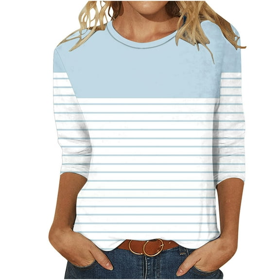 Plebaso 3/4 Length Sleeve Womens Tops Casual Crew Neck Color Block Stripe Graphic T Shirt for Women