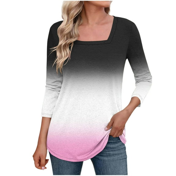 Plebaso 3/4 Sleeve Tops for Women Square Neck Dressy Casual Blouses Women's Summer Loose Tunic Shirts