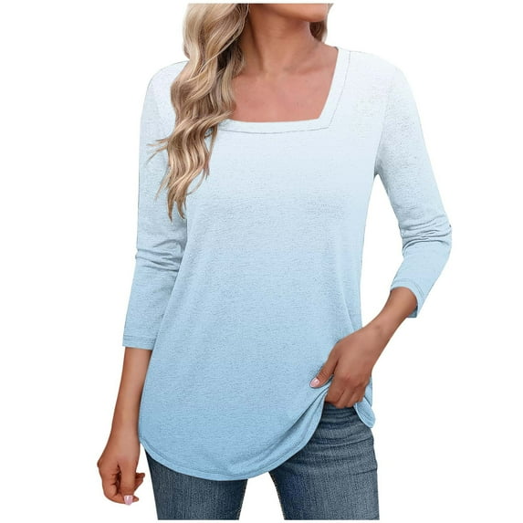 Plebaso 3/4 Sleeve Tops for Women Square Neck Dressy Casual Blouses Women's Summer Loose Tunic Shirts