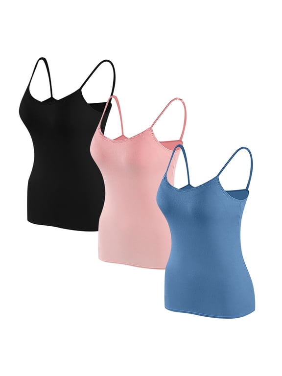 3 Pack Women's Built-In Bra Camisoles Spaghetti Strap Wireless Camis Lightweight Plain Tank Tops